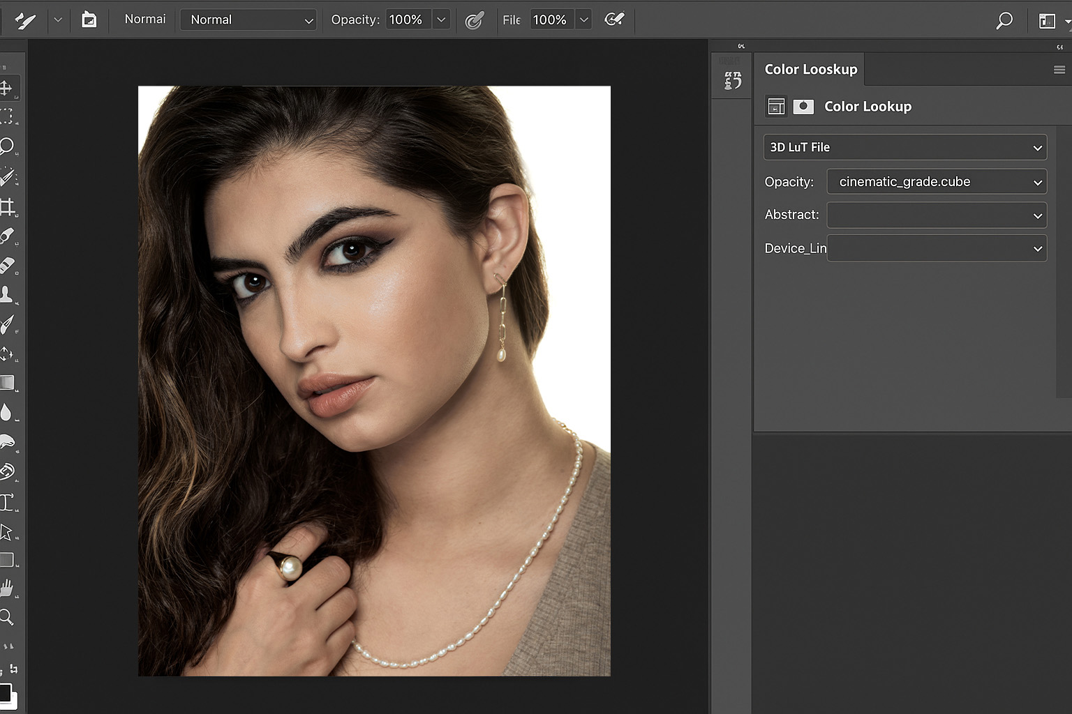 Photoshop Color Lookup panel with a .cube LUT loaded
