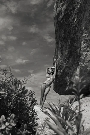bikini model hammonasset beach rock bw