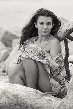 beach portrait woman driftwood bw Hammonasset Beach Madison CT